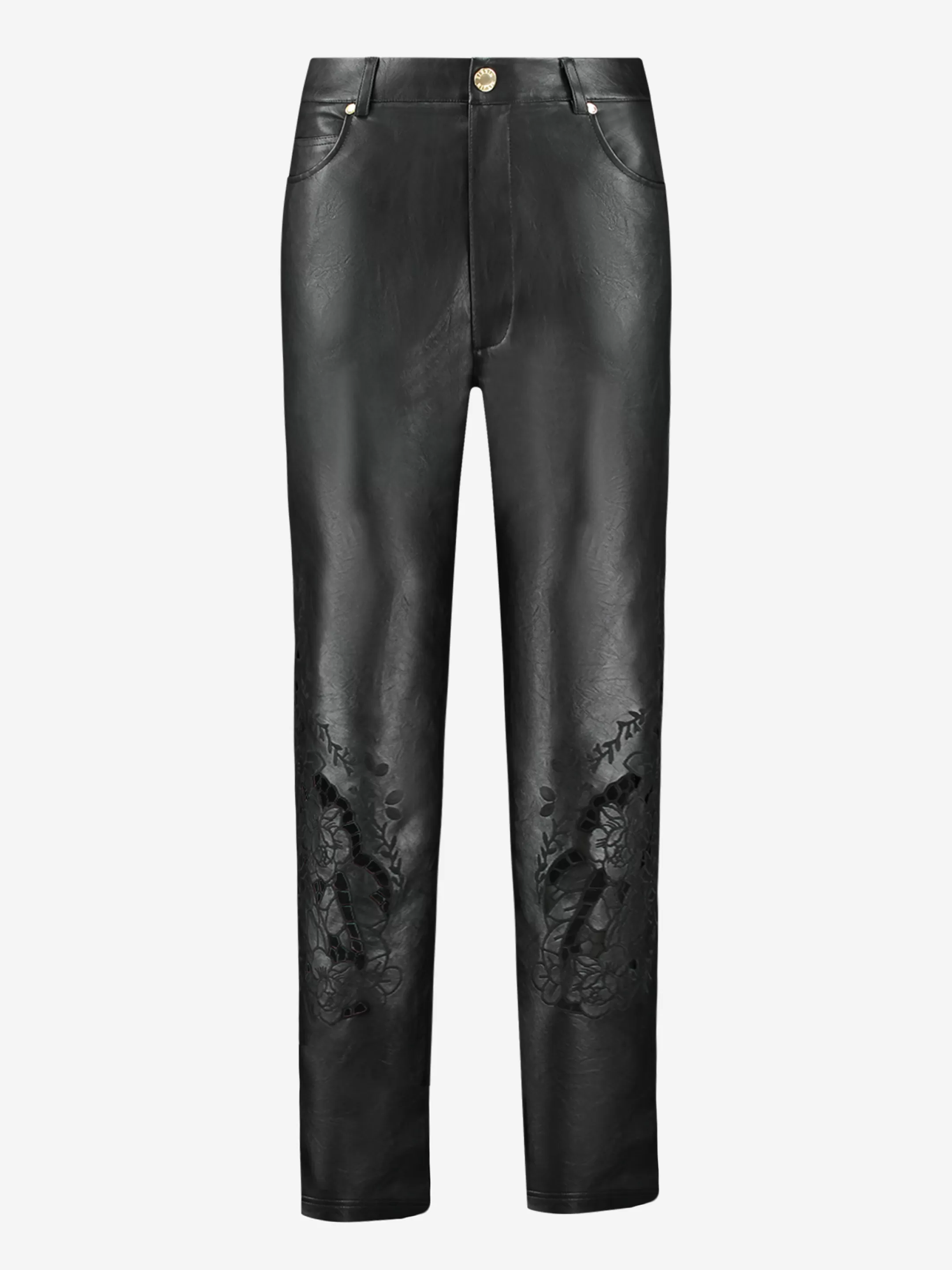 Outlet VEGAN LEREN BROEK MET LAGE TAILLE EN GEBORDUURDE DETAILS Broeken